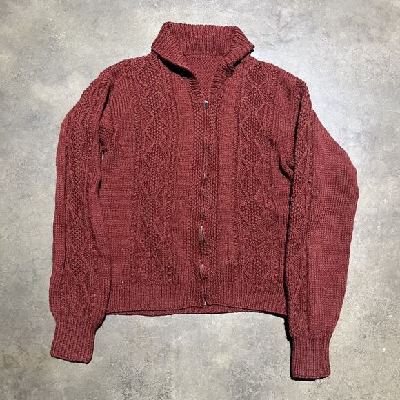 Vintage 60s Burgundy Cable Knit Zip Up Sweater - Picture 1 of 4